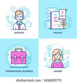 Business - set of line design style colorful illustrations. Images of call center operator, receipt, suitcase, female manager. Technical support, invoice, international communication, leader concepts