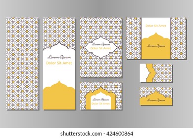 Business set or menu set with traditional arabic geometric pattern with stars. Abstract vector background. Indian, Arabic, Islam motifs. Brochure, menu or invitation cover and business card designs.