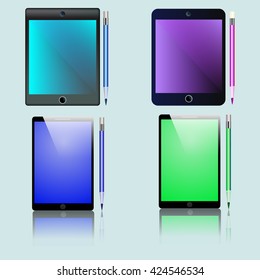 Business set with phones,computers and pencils. Vector illustration in different colors.