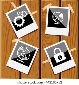 Conjunto de negocios. Fotografías sobre un escritorio de madera. Iconos vectores.