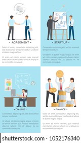 Business set of posters vector illustration of white-collar workers shaking hands, giving presentation, working in office and holding large coins