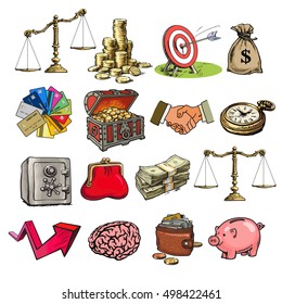 Business set. Scales, stack of coins, sack of dollars, credit cards, handshake, purse, wallet, piggy bank, target, safe, pocket watch, chest, arrow, brain. Cartoon vector illustration isolated.