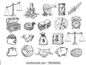 Business set. Scales, stack of coins, sack of dollars, credit cards, handshake, purse, wallet, piggy bank, target, safe, pocket watch, chest, arrow, brain, globe, hourglass. Sketch vector illustration