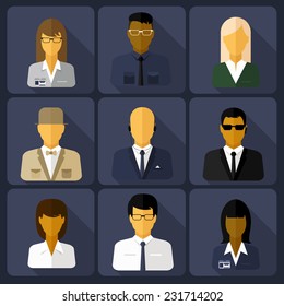 Business set of stylish avatars of woman girls and man guys in flat design style. Social networks business private users avatar pictograms with shadow