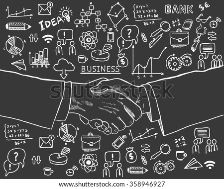 business set vector icons. handshake. chalkboard 