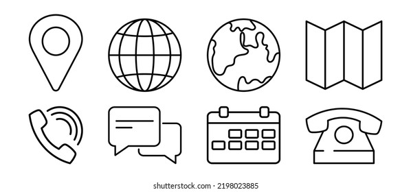 Business Set. Vektorgrafik auf weißem Hintergrund. Set mit acht Symbolen. Pin, Planet, Karte, Telefon, Nachricht, Kalender.