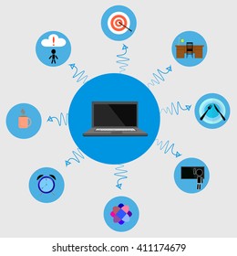 Business Set of Working Day of Freelancer in Flat Style  Elements. Daily activities Isolated On Grey and Blue Background. 