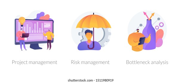 Business setting strategy icons set. Risks assessment, market niche search. Project management, risk management, bottleneck analysis metaphors. Vector isolated concept metaphor illustrations.