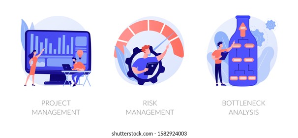 Business setting strategy icons set. Risks assessment, market niche search. Project management, risk management, bottleneck analysis metaphors. Vector isolated concept metaphor illustrations.