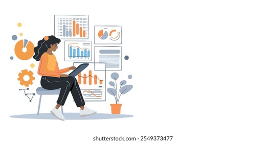 business setting: woman with a tablet and charts, vector banner with space for text
