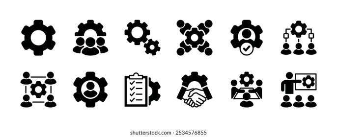 Business settings flat icon vector set. Gear or cog option. Containing management, team, teamwork, occupation, action plan, tasks, collaboration, organization, handshake, resource, meeting
