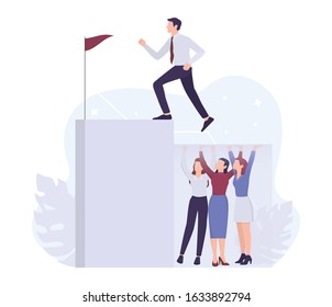 Business Sexism Concept. Glass Ceiling And Workplace Discrimination Issues For Woman. Businessman Climbing A Career Ladder. Isolated Vector Illustration.
