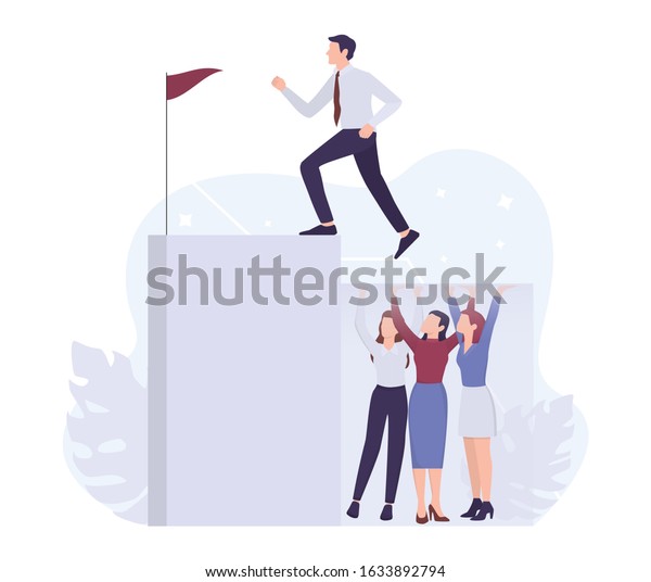 Business sexism concept. Glass ceiling and\
workplace discrimination issues for woman. Businessman climbing a\
career ladder. Isolated vector\
illustration.