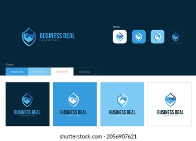 Business shake hands logo concept design with shield. Vector illustration