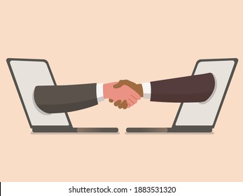  Business shaking handsthrough laptop screens , finishing up meeting - businessmen partnership handshaking after  successful deal - video communication technology and video call application concept