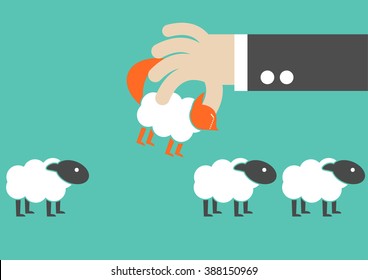 Business sham cheating. Wolf in sheep clothes fooling a sheep 

flock  arrested  concept. 