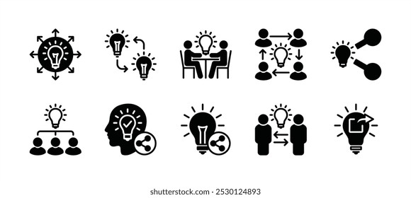 Partilha de negócios ideia, criatividade, inovação, planejamento, inspiração e estratégia conjunto de vetor de ícone plano. Contendo trabalho em equipe, pessoas em grupo, lâmpada, discussão, equipe, reunião, colaboração