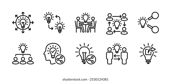 Negocios comparten idea, innovación, creatividad, planificación, inspiración y estrategia de líneas finas conjunto de Vectores de iconos. Contiene bombilla, trabajo en equipo, discusión, equipo, grupo de personas, reunión, colaboración