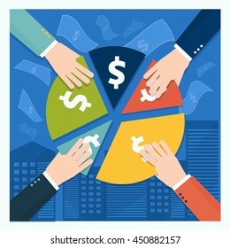 Business shareholder concept in flat style. Vector illustration of businessmen hands take part of income or share in company