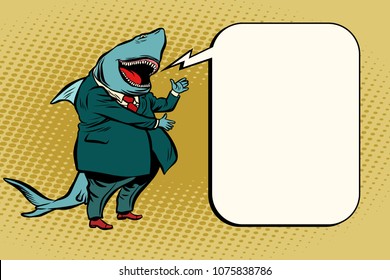 Business shark comic bubble. Cartoon pop art retro illustration vector drawing