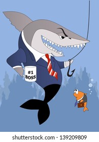 Business shark with a Number One Boss cup giving a hook to a scared small fish employee