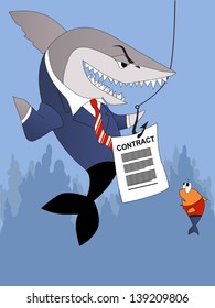 Business shark offers a contract to a scared small fish customer, vector cartoon