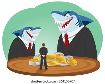 Business sharks in suites aggressive behave against manager with money 