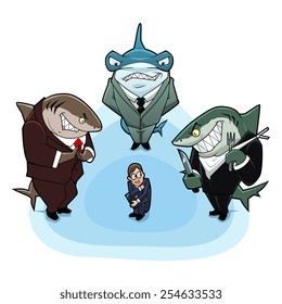 Business sharks surrounded the young and inexperienced businessman.