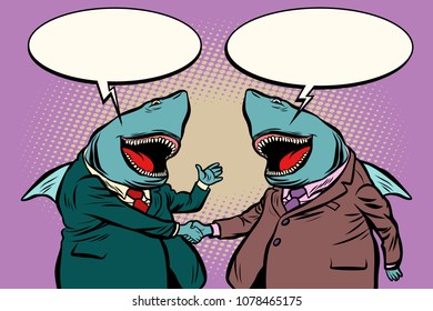 business sharks talk to each other. Comic cartoon pop art retro illustration vector kitsch drawing