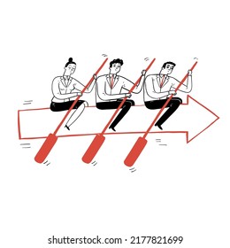 Business ship - People all in the same arrow working hard. Manager and employees teamwork concept.Hand drawn vector illustration doodle style.