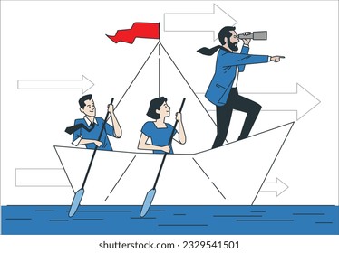 Business ship People all in the same boat working hard and finding the way forward. Manager and employees teamwork concept.  Leadership to lead business in crisis, teamwork or support to achieve 1932