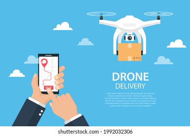 paquete de drones de envío de negocios. servicio de entrega de drones tecnológicos. concepto de comercio electrónico. compra en línea por teléfono móvil. ilustración vectorial en diseño moderno de estilo plano. 