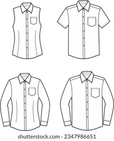 Business shirt with long and short sleeve. Office wear apparel design. Men women CAD mockup. Fashion technical drawing template. Vector illustration.