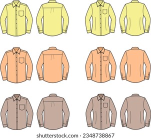 Business shirt long sleeve flat sketch. Apparel design. Front and back. Women and men CAD mockup. Technical drawing template. Vector illustration.