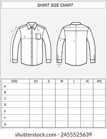 Tabla de tallas de camiseta de negocios. Esbozo clásico de desgaste delantero y trasero. Medidas de ropa. Maqueta CAD para hombre. Plantilla de dibujo técnico. Ilustración vectorial.