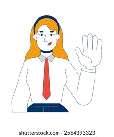 Business shirt tie woman office worker waving hand 2D cartoon character. Caucasian female employee hello welcoming isolated person flat vector on white background. Spot illustration colorful