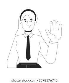 Business shirt tie woman office worker waving hand black and white 2D line character. Caucasian female employee hello welcoming isolated vector outline person. Monochromatic spot illustration