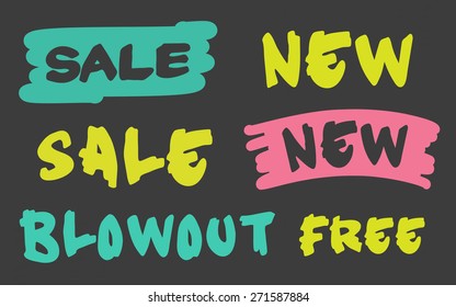 Business shopping massage for sale promotion or new products. Brush typography with stain labels on dark background. Vector illustration.