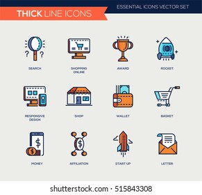Business and shopping - set of modern vector thick line flat design icons and pictograms. Search, shopping online, award, rocket, responsive design, wallet, basket, money, affiliation, startup, letter