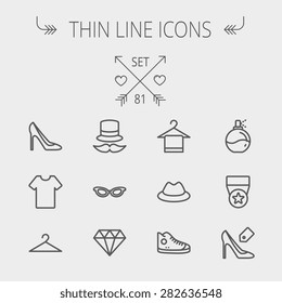 Business shopping thin line icon set for web and mobile. Set includes- vintage cap, cat eyeglasses, diamond, high heel, t-shirt, hanger, cap, rubber shoe, perfume, medal icons. Modern minimalistic