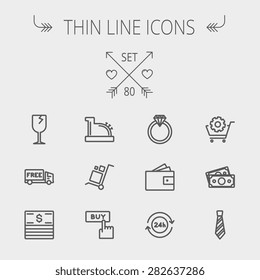 Business shopping thin line icon set for web and mobile. Set includes- broken glass wine, free delivery van, stack of money, vintage cash register, trolley, diamond ring, 24 hrs service, necktie icons