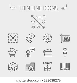 Business shopping thin line icon set for web and mobile. Set includes- stack of coins, cart with heart, box with validation, credit cards, donation box, mannequin, barcode icons. Modern minimalistic