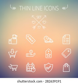 Business shopping thin line icon set for web and mobile. Set includes- sale tag, calendar with stopwatch, cash on hand, fast delivery, checklist, empty tag, shopping bag icons. Modern minimalistic