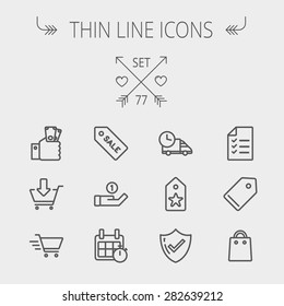 Business Shopping Thin Line Icon Set For Web And Mobile. Set Includes- Sale Tag, Calendar With Stopwatch, Cash On Hand, Fast Delivery, Checklist, Empty Tag, Shopping Bag Icons. Modern Minimalistic