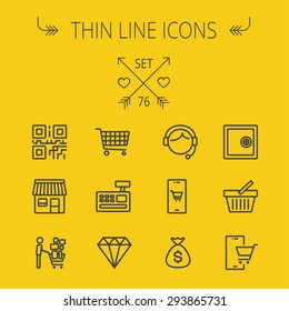 Business shopping thin line icon set for web and mobile. Set includes- shopping cart, cash register machine, customer service, QR code, store stall, safe, vault, shopping basket icons. Modern