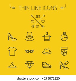 Business shopping thin line icon set for web and mobile. Set includes- vintage cap, cat eyeglasses, diamond, high heel, t-shirt, hanger, cap, rubber shoe, perfume, medal icons. Modern minimalistic