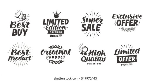 Business, shopping vector set icons. Lettering best product, super sale, exclusive offer, high quality, original, limited edition