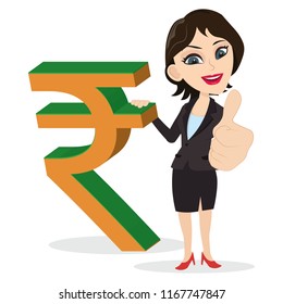 Business shot young lovely lady woman girl showing thumbs up holding Indian rupee currency symbol