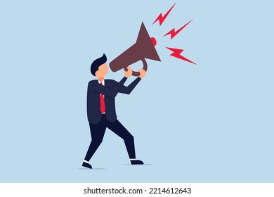 Business Shout Out, Speaking Out Loud To Communicate With Co-worker Or Draw Attention And Announce Promotion Concept, Confidence Young Businessman Using Megaphone Speak Out Loud To Be Heard In Public.