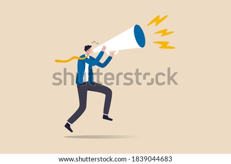Business shout out, speaking out loud to communicate with co-worker or draw attention and announce promotion concept, confidence young businessman using megaphone speak out loud to be heard in public.